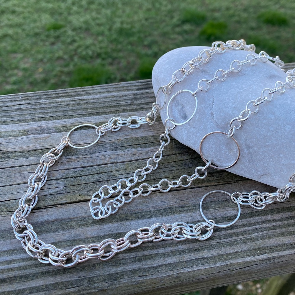 Chain link double strand shiny silver tone necklace